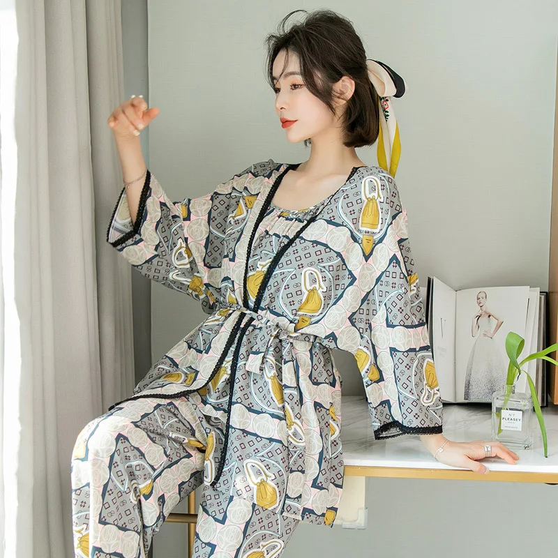 

SLPBELY 3pcs Pajamas Nightrobe Set Spring Viscose Sexy Flower Print Half Sleeves Pyjamas Sling Long Pants Bathrobe Set Homesuit