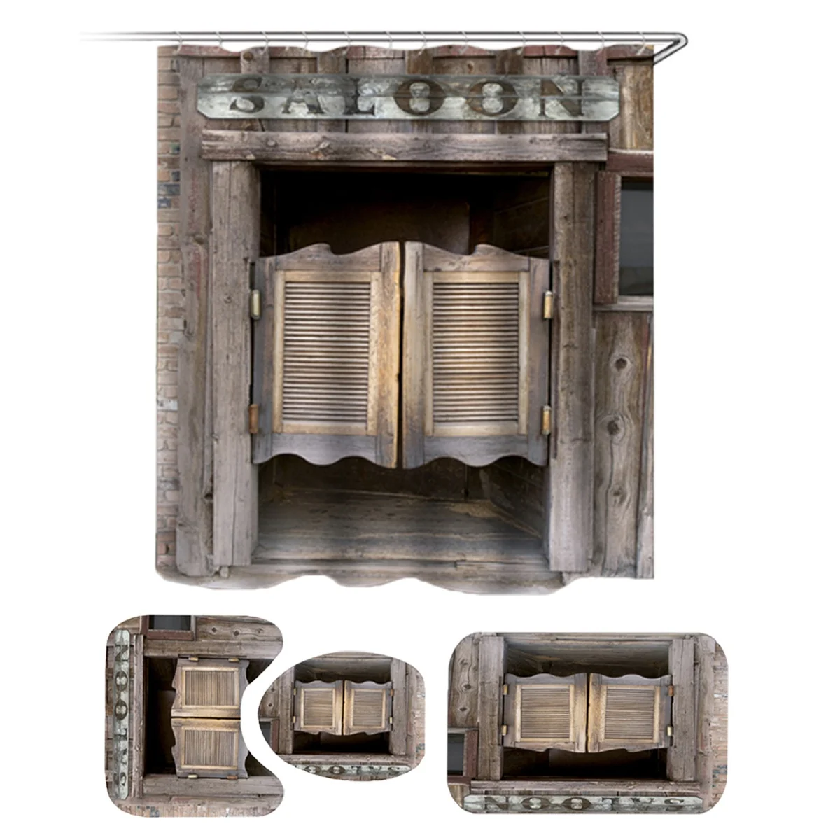 

4PCS Retro Wood Door Printing Shower Curtains Set Mildew-proof Waterproof Toilet Polyester Cover Mat Set Anti-Slip Bathroom Rugs