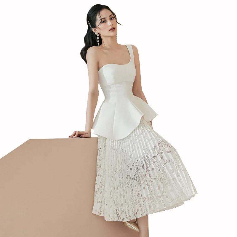 

2021 Spring Ladies Temperament One Shoulder Asymmetric Fake Two Long Dress Dinner Party White Dress