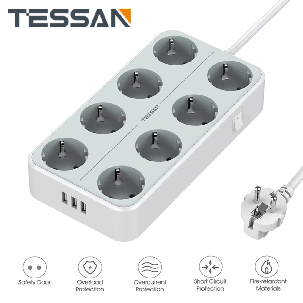 

TESSAN 11-in-1 Multi Socket Strip with 8 Slots, 3 USB Ports and On/Off Switch 2M Extension Cord Overload Protection for Home