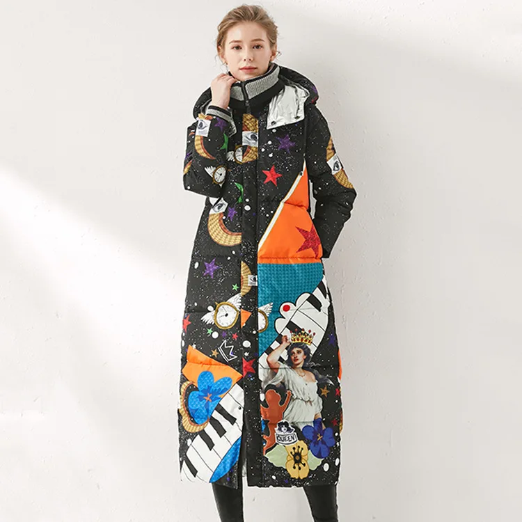 Новинка 2019 зимняя куртка с цветочным принтом женские пуховики куртки капюшоном