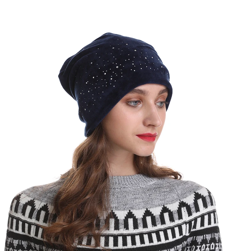 

Women Velvet Winter Warm Slouch Beanie Bonnet Streetwear Hip Hop Cap Autumn Rhinestone Skullcap Warm Beanie Hat