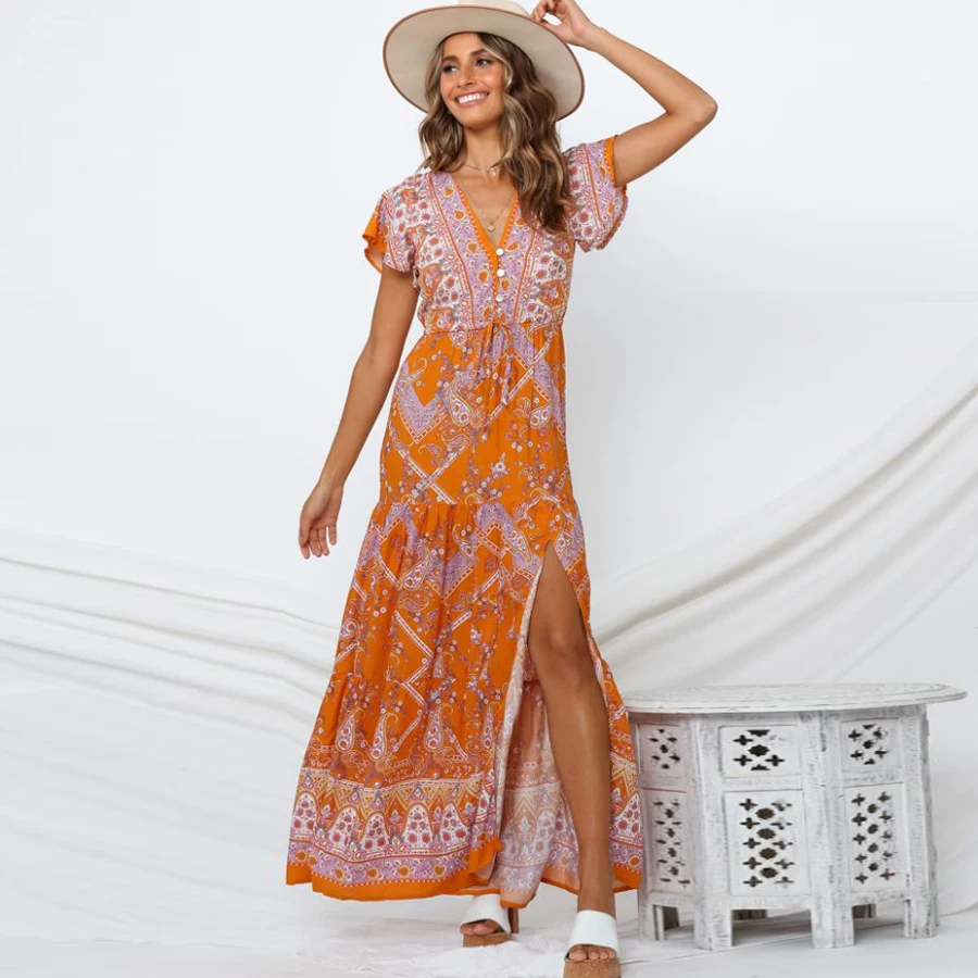 Женское платье макси из вискозы с цветочным принтом и V образным вырезом|Женские