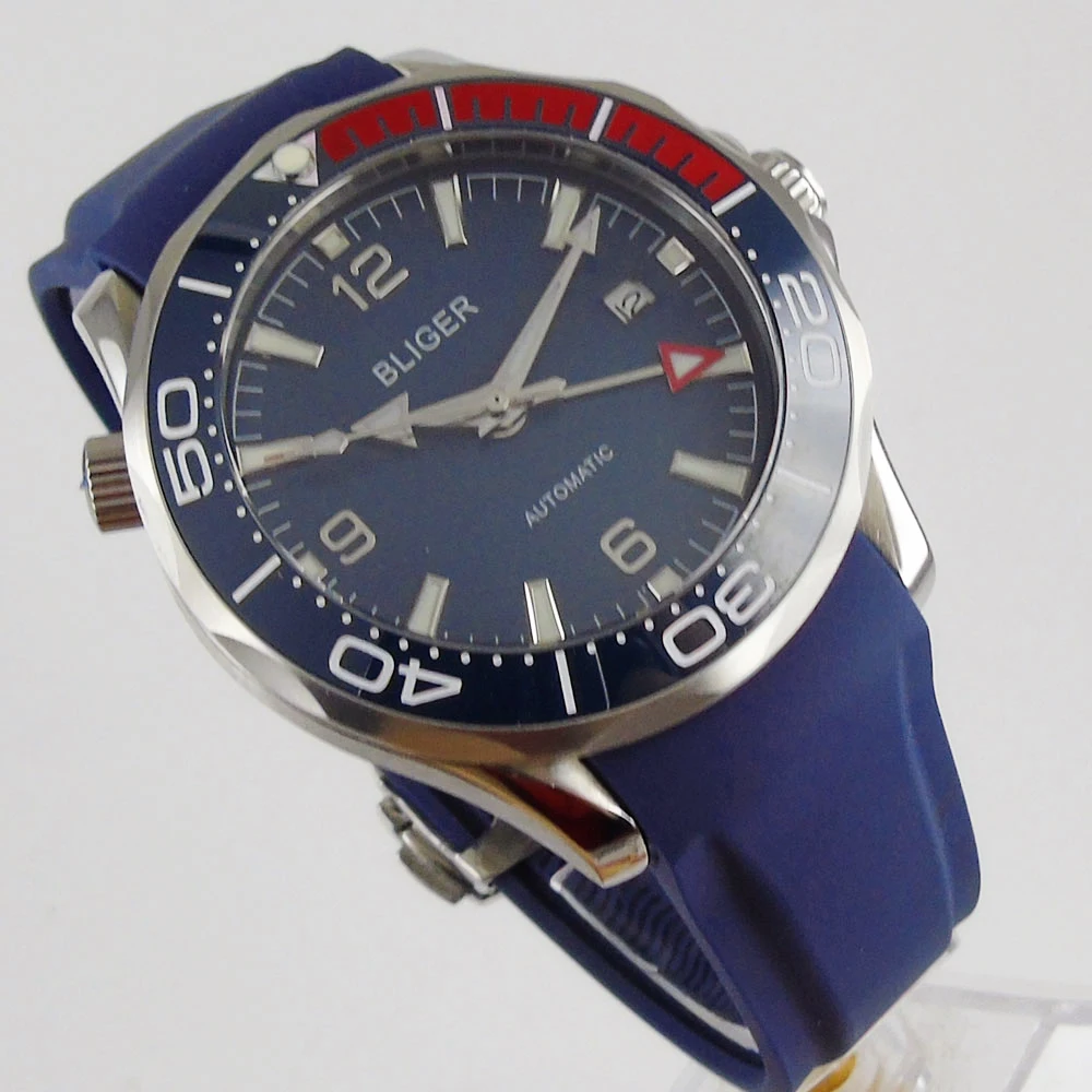 Мужские часы GMT Move синие резиновые автоматические 41 мм с вращающимся ободком и