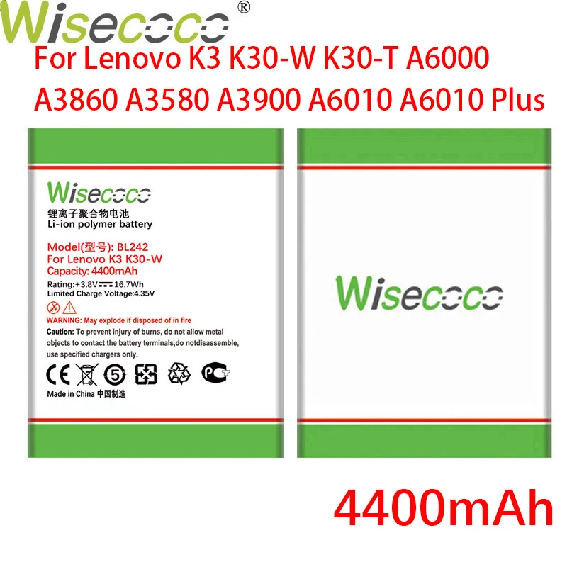 

Аккумулятор WISECOCO BL242, 4400 мА ч, для смартфонов Lenovo K3 K30-W, K30-T, A6000, A3860, A3580, A3900, A6010, A6010 Plus, номер для отслеживания