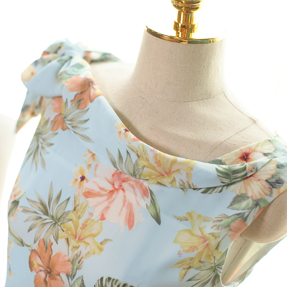 

Summer Dress Sweet Beach Vacation Fresh Blue Printed Bowknot Cake Dress Women Seaside Travel Chiffon Dress A-Shaped Ruffle