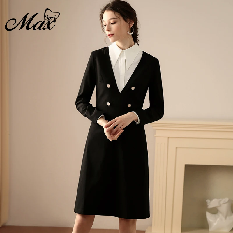 

Max Spri 2019 Winter New Arrival Women Vestidos V Neck Office Long Sleeve Elegant Two Pieces Shirt and Dress Business Wear