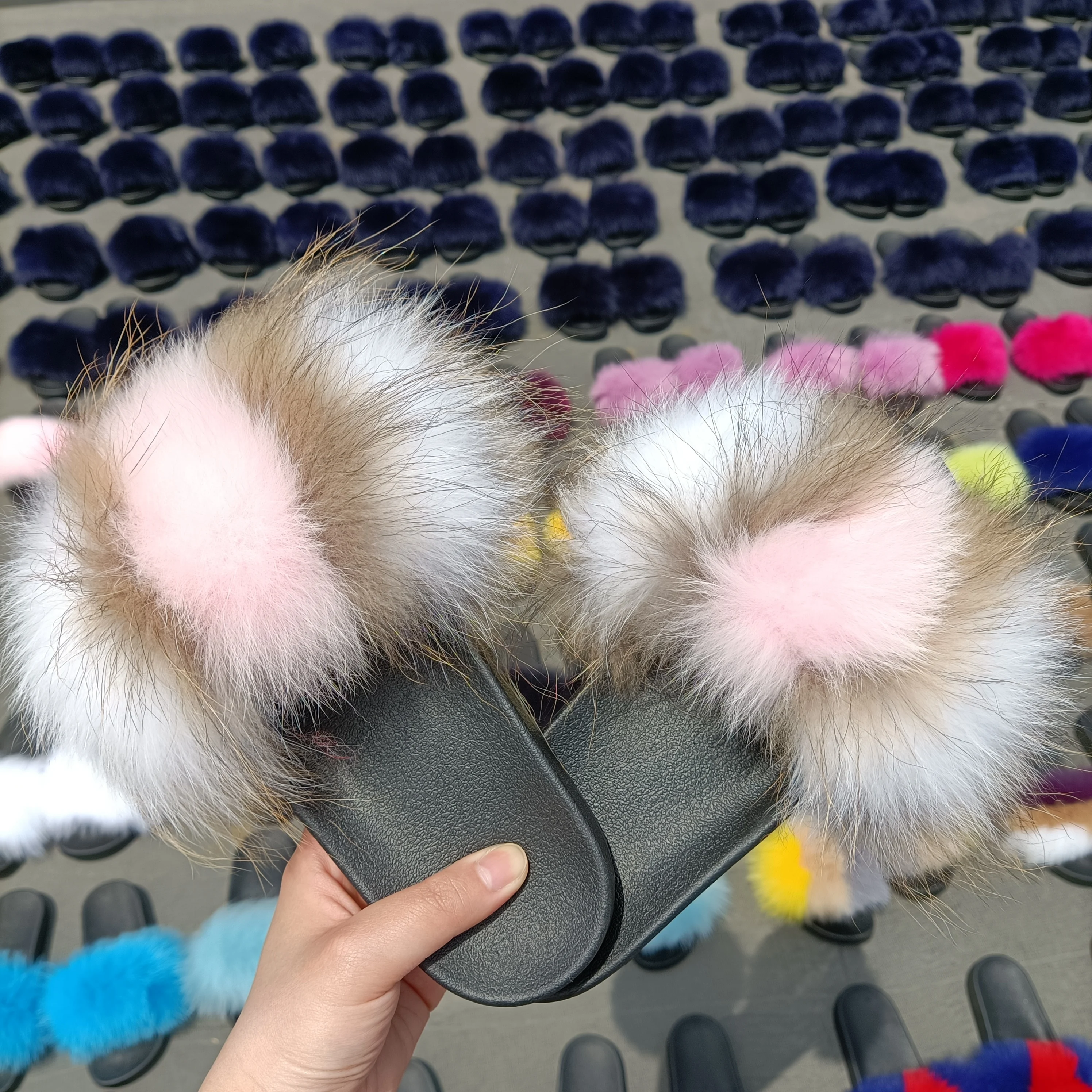 

Women Furry Slippers Real Fox Hair Mix Colors Fur Sandal Slipper Slides Fast Shipping