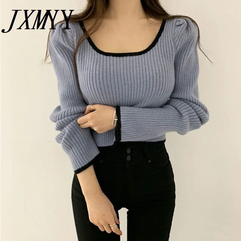 

Женские свитера JXMYY, вязаные топы в полоску с буффами и длинным рукавом, сезон осень-зима 2021, корейский укороченный свитер, модные пуловеры Y2K...