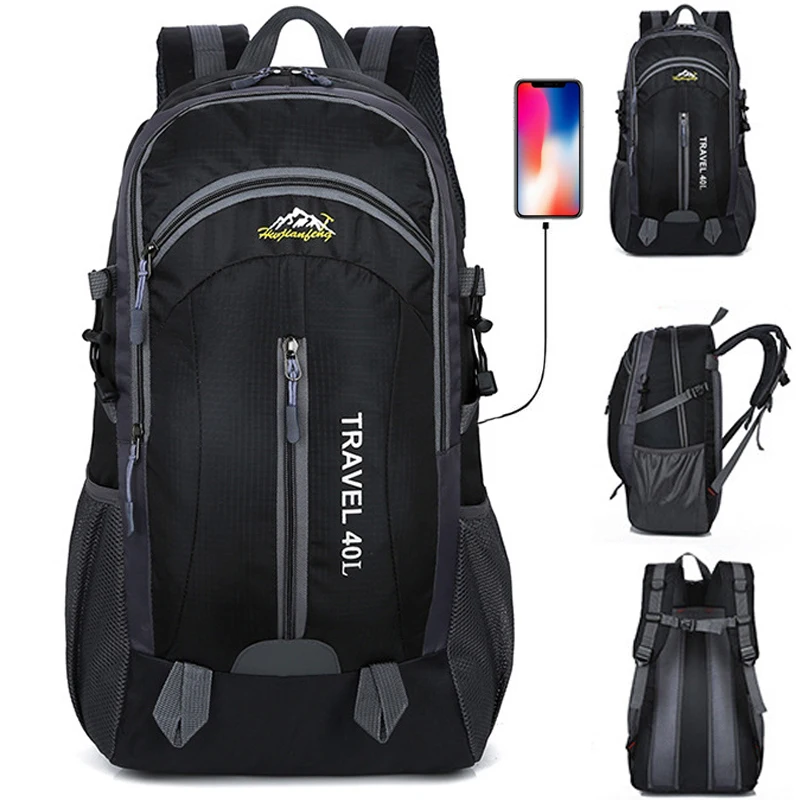

WEIXIER USB Charging 40L Large Capacity Out Door For Male Bag Waterproof Casual Backpacks Unisex Black Travel Backpacks V1-46