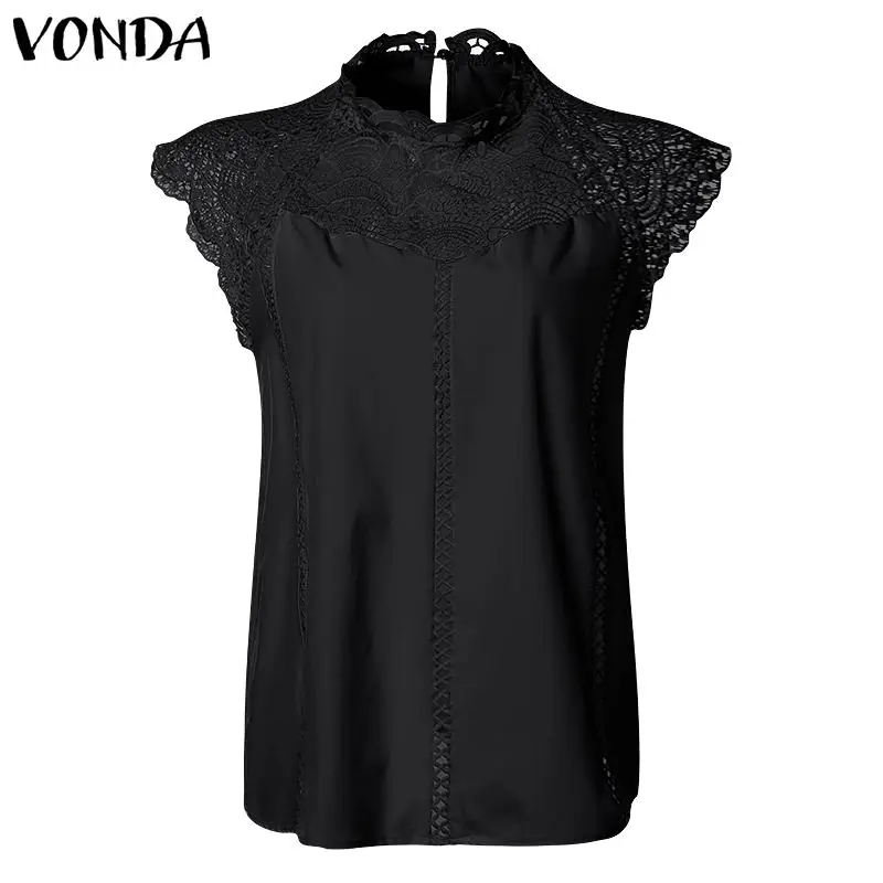 VONDA, женская блузка, туника, сексуальная, без рукавов, кружевная рубашка, OL, Офисная Женская рубашка, открытые, вечерние, топы, Camisas, белого цвета, размера плюс - Цвет: Black