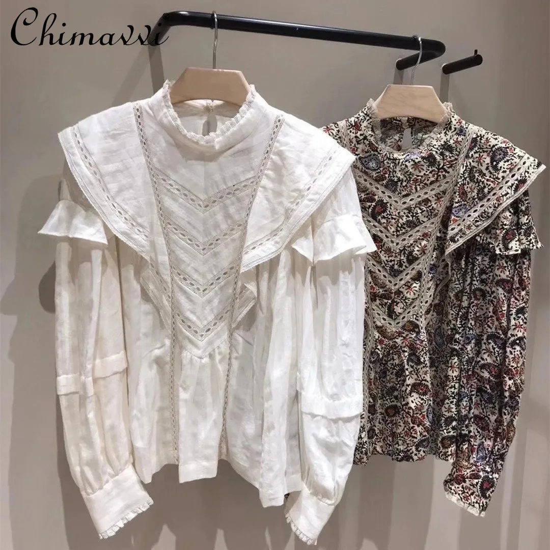 

2021 Autumn Female New Lace Stand Collar Blusas Women Fashion Ruffled Hollow-Out Long Sleeve Shirt Turtleneck Sweet Printed Top