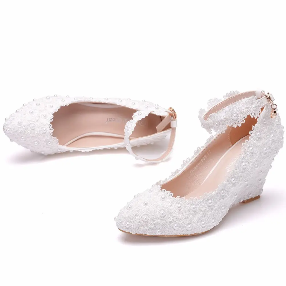 Туфли лодочки женские свадебные высокий каблук 8 см кружево жемчуг кристаллы