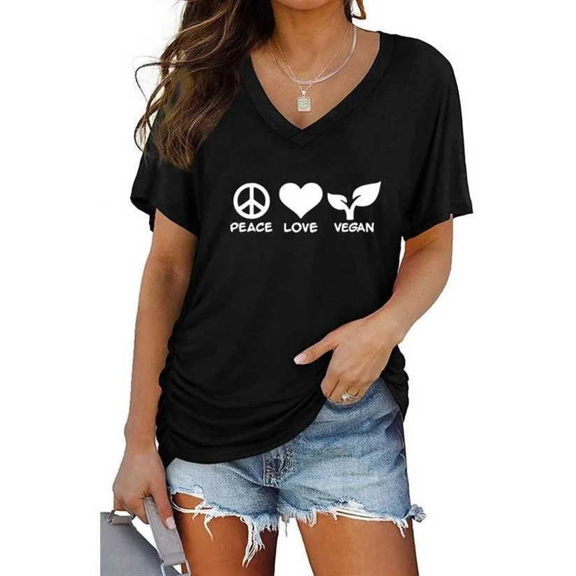 

PEACE LOVE VEGAN Logo Letters Print Batwing Sleeve T-Shirt For Women Harajuku Ladies V-Neck Summer Loose Short Sleeve Tops Tees