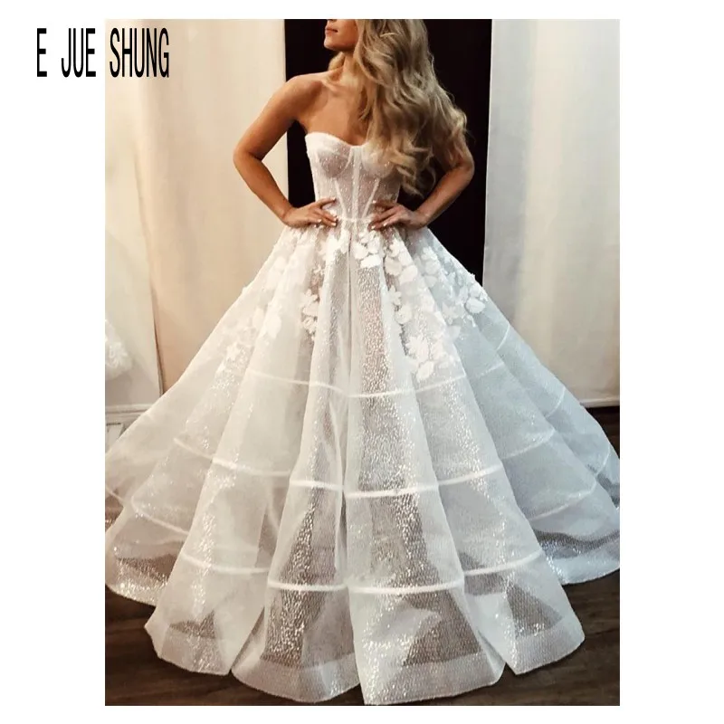 

E JUE SHUNG Sexy Sheer Wedding Dresses Sweetheart Neck Illusion Lace Appliques Wedding Bridal Gowns Long organze Robe De Soiree