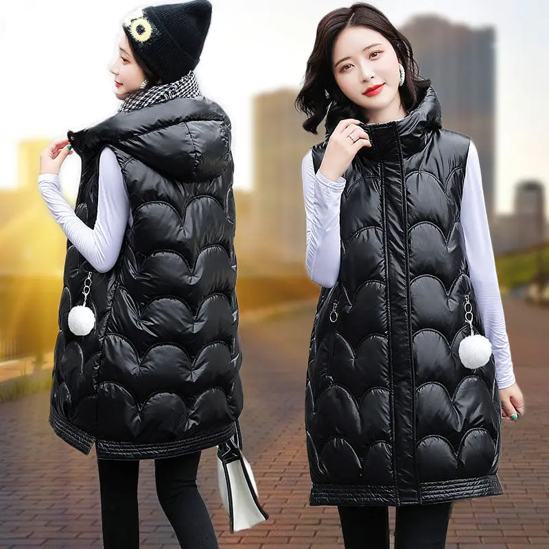 

Glossy Women's Long Winter Vests Solid Hooded Zipper Warm Ladies Casual Sleeveless Jacket Pockets Puffer Waistcoat Outwear M827