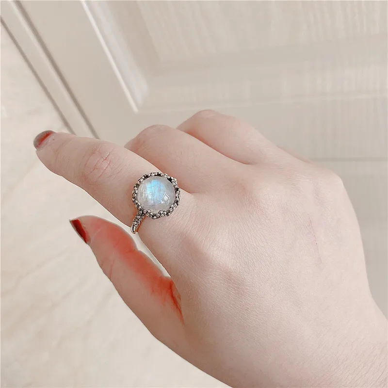 

Thai Silver Retro Exaggerated Natural Moonstone Ring Index Finger Large Size Fat Man Ring Gem Crystal Jewelry Gift