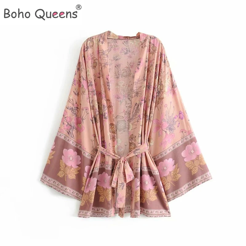 Boho королев для женщин с цветочным принтом и поясом рукавом летучая мышь пляжные