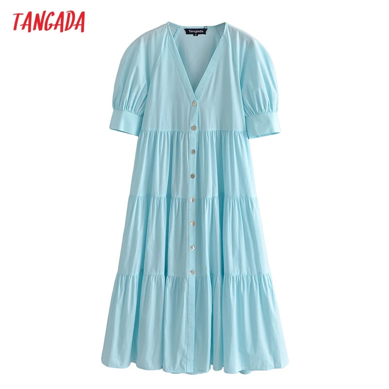 

Tangada 2021 Summer Women Solid French Style Long Cotton Dress V Neck Puff Short Sleeve Ladies Elegant Sundress 3H54