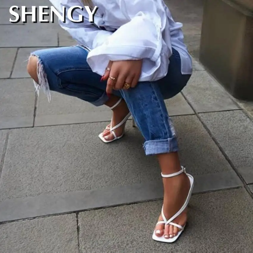 

SHY Summer Office High Heels Sandals Narrow Band Women Gladiator Sandal Ladies Square Open Toe Ankle Buckle Strap Stiletto Heels
