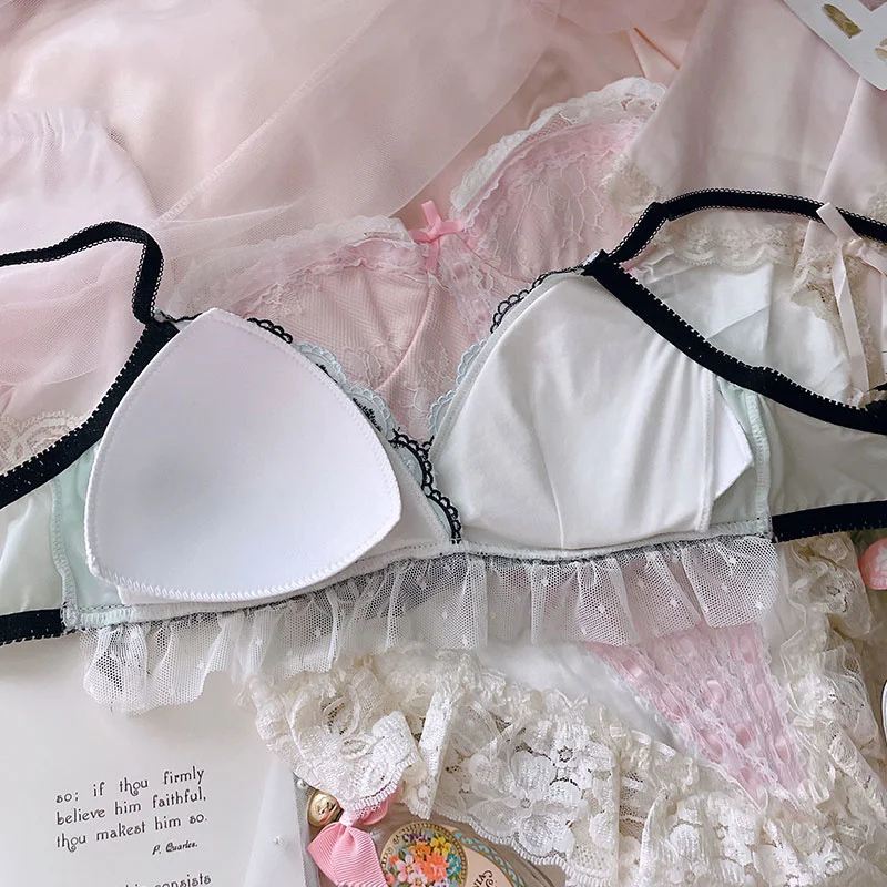 Japanese Style Soft Girl Sweet Cute Cat Embroidery Ruffled Thin Underwear Wireless Triangle Cup Bra Jum | Женская одежда