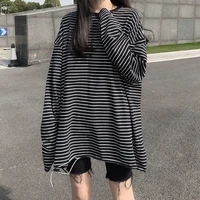 autumn new style womens art loose mid length pinstripe ripped cotton long sleeved t shirt skirt womens bottoming shirt