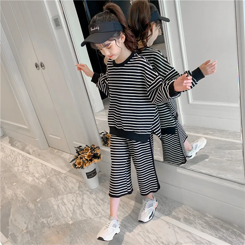 

2 Pcs Sets Teenage Girls Loose Striped Sweatshirts Top & Wide Leg Mid Calf Pants Suit Kids Clothing Children Autumn 2019 Outfits