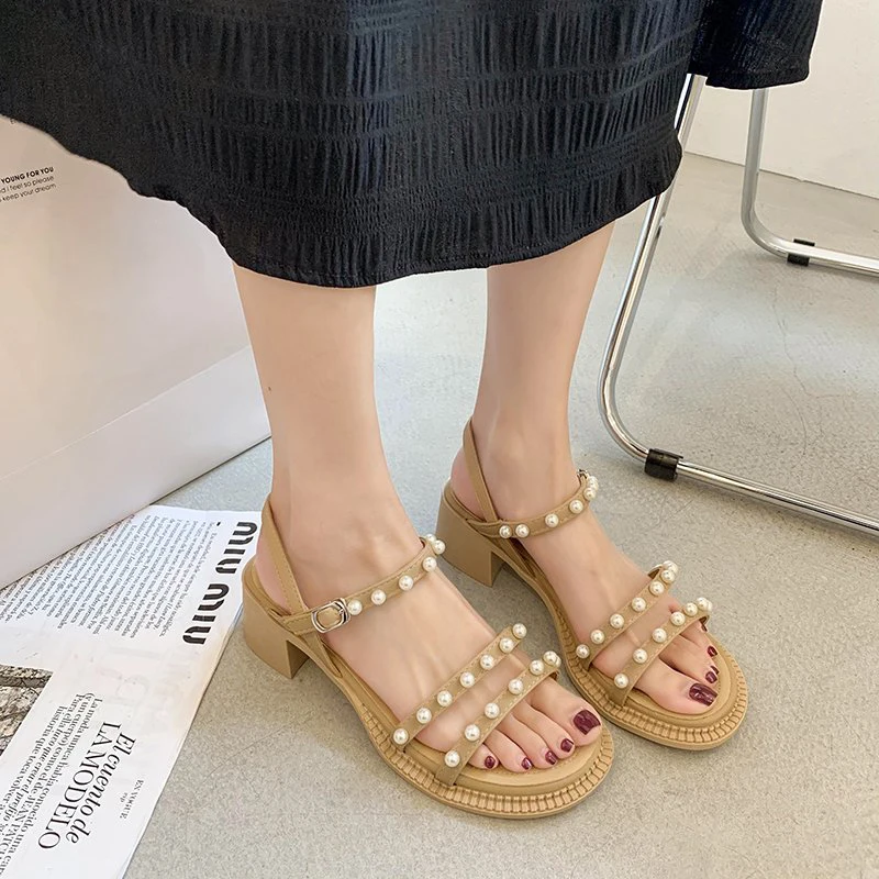 

2021 Summer Women Sandals Fashion Buckle Strap High Heels Sandals Female Elegant Bead Platform Shoes Ladies White Sandalias