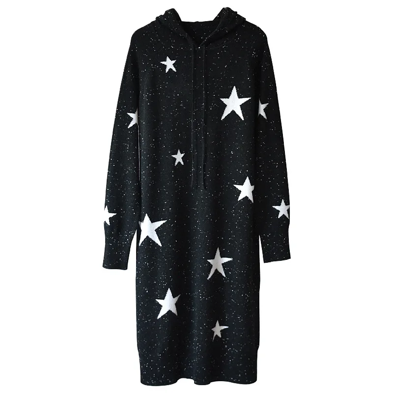 

New Hooded stars wool hooded knitting loose long sleeved black dress