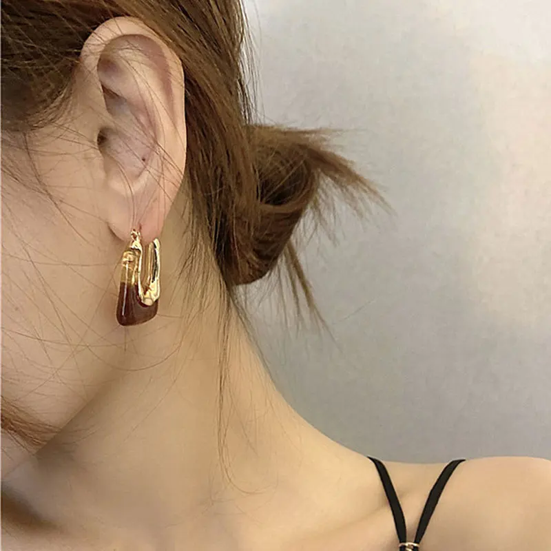 

2021 New Colorful Transparent Resin Earring Geometric U Shape Hoop Earrings Gold Metal for Woman Girls Party Travel Jewelry