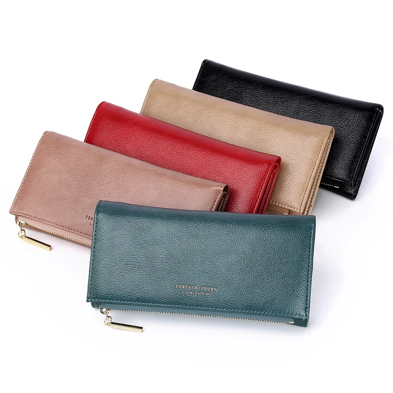

Leather Women's Wallets New Solid Color Large Capacity Purses For Women Coin Purses Female Retro Long Zipper Wallet Phone Bag