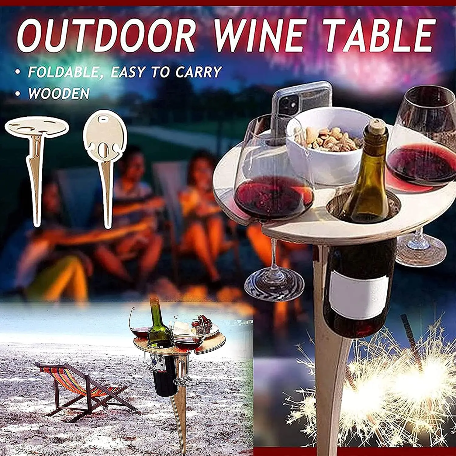 

Распродажа, складной винный стол на открытом воздухе, портативный мини-стол для пикника, подставка под бокалы для вина, деревянный уличный в...