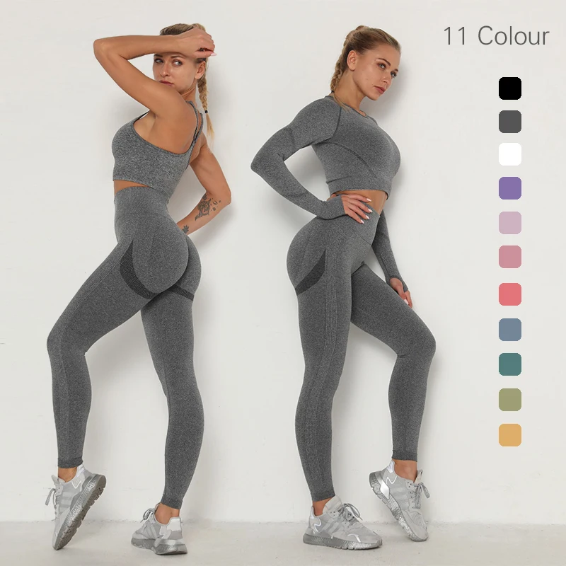 

Seamless Women Gym Set Long Sleeve Top High Waist Belly Control Sport Leggings Gym Clothes Seamless Sport Suit Sexy Booty Girls