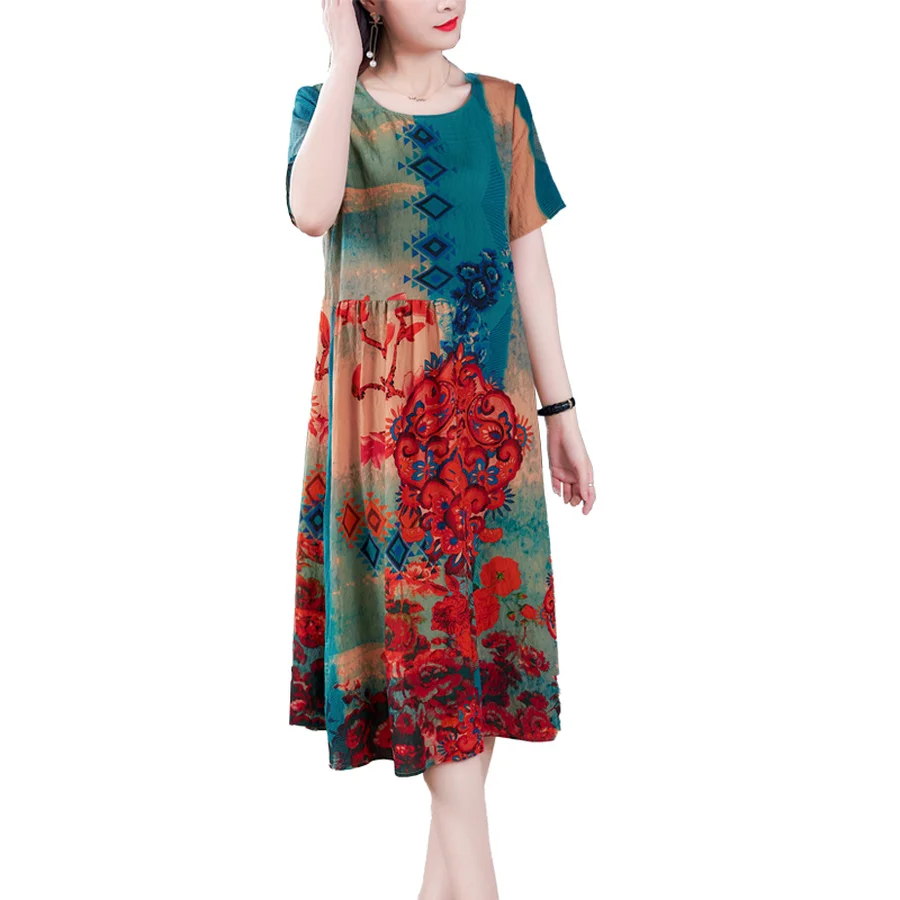 

2021 Summer High Quality Floral Mulberry Silk Dress Vintage 4XL Plus Size Runway Midi Dresses For Elegant Women Bodycon Vestidos