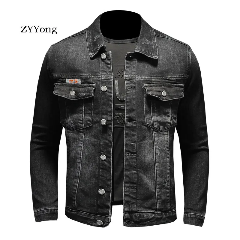 Spring Turndown Collar Embroidery Elasticity Bomber Pilot Black Denim Jacket Men Jeans Coat Motorcycle Casual Outwear Clothing