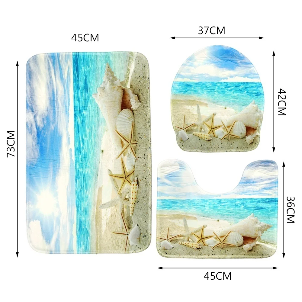 Bathroom Rug Set Летняя Ванная комната Санузел пляжная раковина занавеска для душа peva Противоскользящие коврики для туалета набор плесени-доказательство водонепроницаемый занавеска для душа+ ванная стойка для тряпок+ крышка Крышка для унитаза+ набор ковриков для ванной - Цвет: Bathroom Rug Set