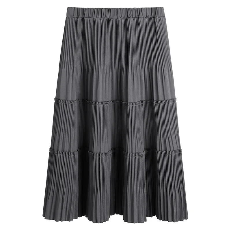 

TVVOVVIN 2021 Spring New Pleated Large Size Women's Elastic Waist Skirt Solid Color Spliced All-match Mid-length Skirts XNYS