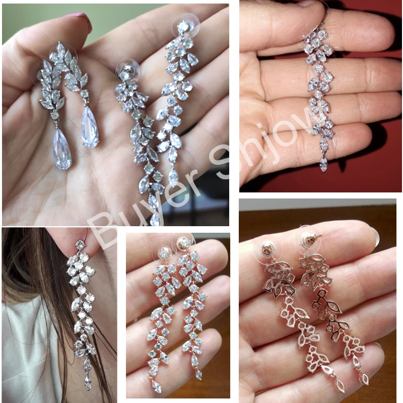 Новинка длинные серьги подвески ZAKOL с фианитами и кристаллами листьев для