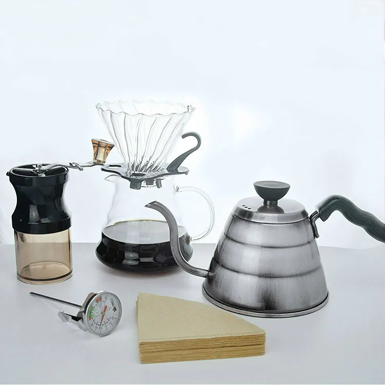 

Five-piece Set 600ml Handmade Coffee Pot Narrow Mouth Pot + Sharing Pot + V-shaped Cup + Grinder + Thermometer + Coffee Paper