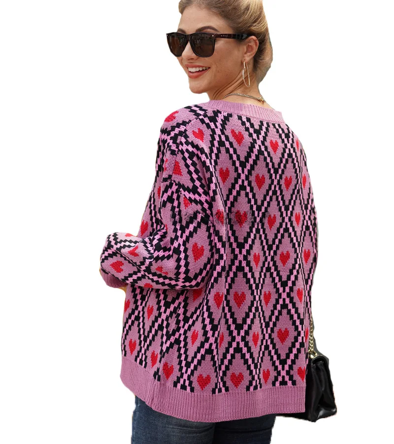Heart Print Ladies Knitted Cardigan Female Casual Single Breasted Jumper Autumn Winter V-Neck Oversized Women Sweater Tops |