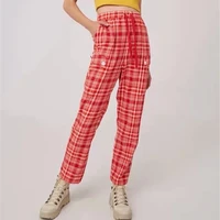 women casual high waist all match drawstring straight pants retro red plaid suit pants autumn new fashion tailored trousers ins
