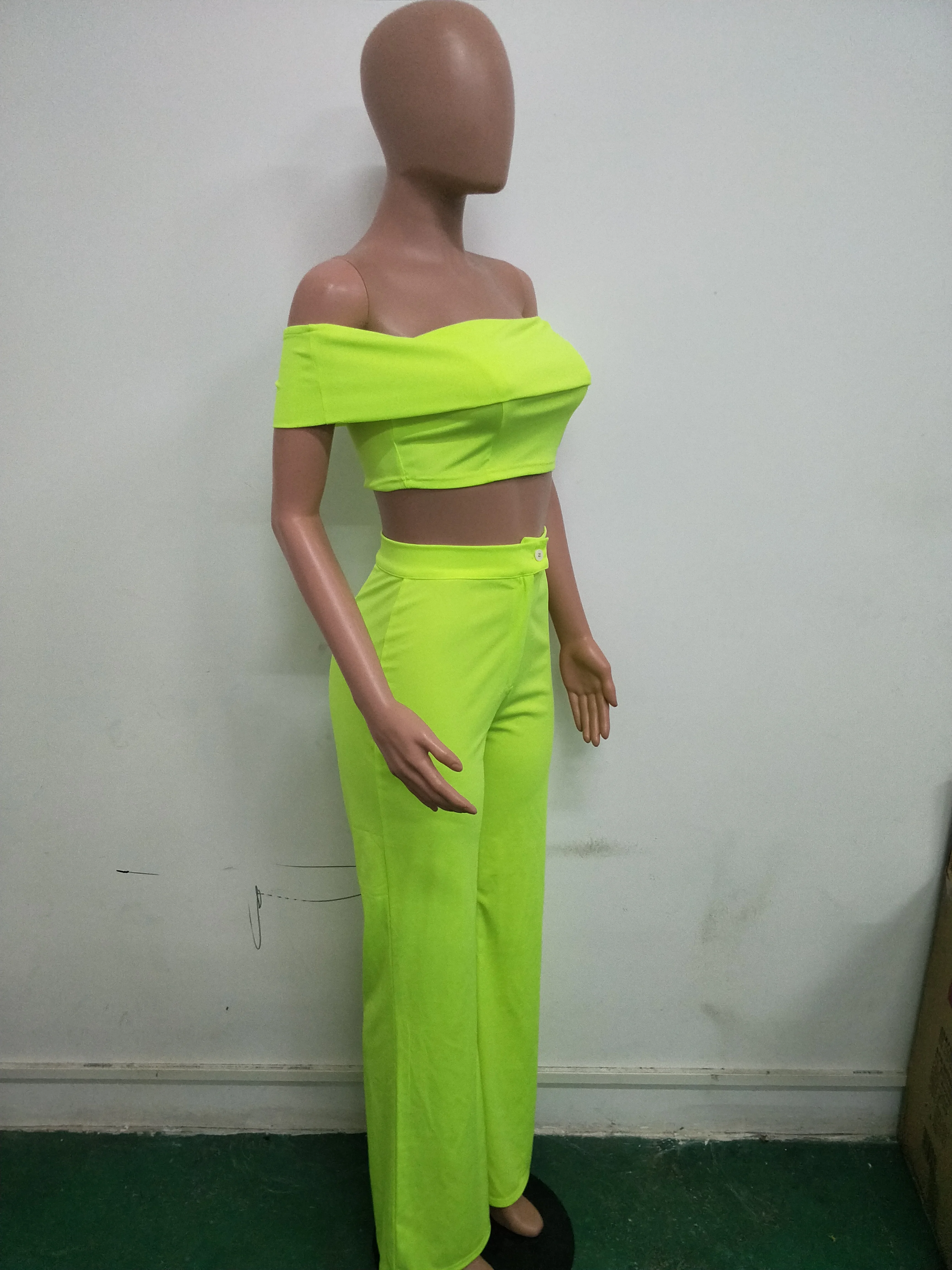 2019 женский новый летний Флуоресцентный зеленый топ с вырезом штаны костюм