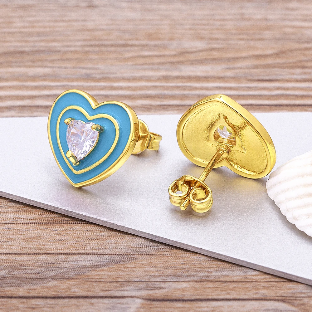 

Romantic Enamel Love Heart Stud Earrings For Women Dripping Oil Candy Colors Never Fade Zircon Earrings Wedding New Year Gift