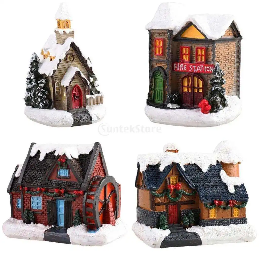 

4 шт. Смола Рождественская сцена Снежный дом милый светодиодный настольный декор