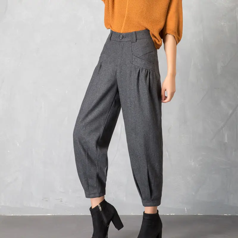 Шерстяные широкие брюки женские осенние зимние новые толстые шаровары с высокой