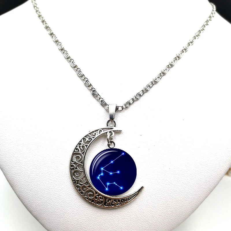 2020 Creative Retro Starry Sky 12 Constellation Cabochon Glass Moon Pendant Clavicle Chain Necklace Birthday Gift