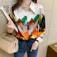 retro oil painting print shirts women 2021 elegant satin blouses female artificial silk tops chiffon clothes office lady clothes