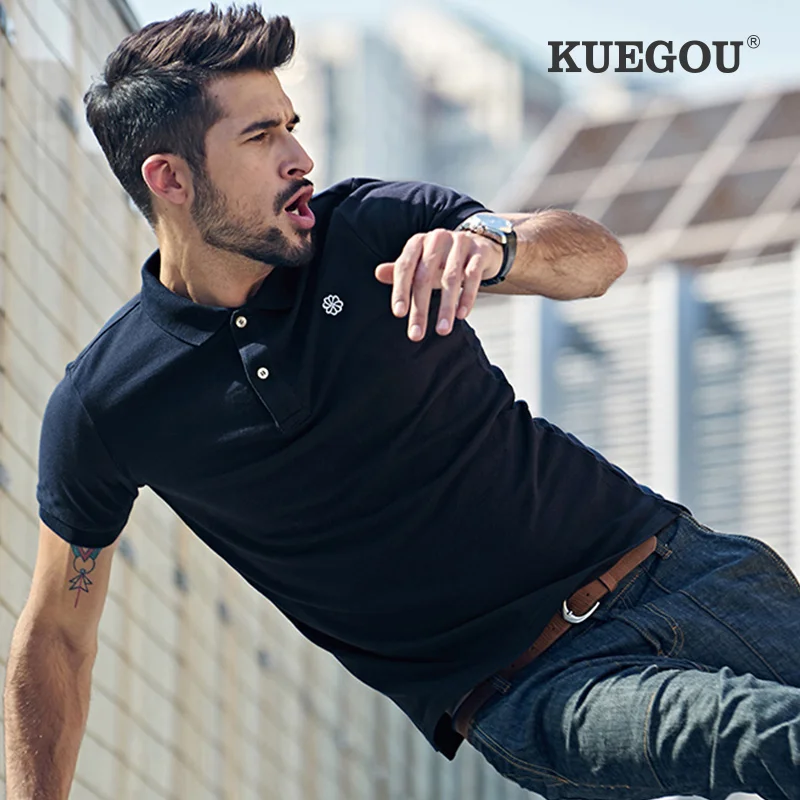 

KUEGOU Clothing Men's short sleeve Polo shirt Lapel Fashion Embroidery Polos Summer High Quality Slim Top Plus Size 2527/3527