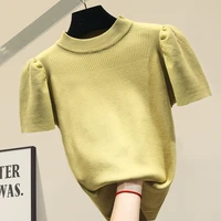 2021fashion o collar solid color sweater bottoming shirt womens puff sleeve thin pullover summer ice silk short sleeve