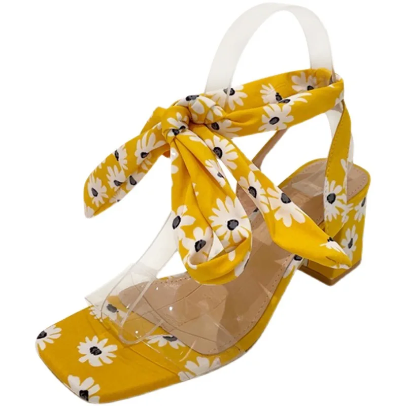 

LEOPARD LAND 2021 Summer High-heeled Shoes with Thick-heeled Flowers Hollow Color Matching High-heeled Sandals Women's Shoes JXQ
